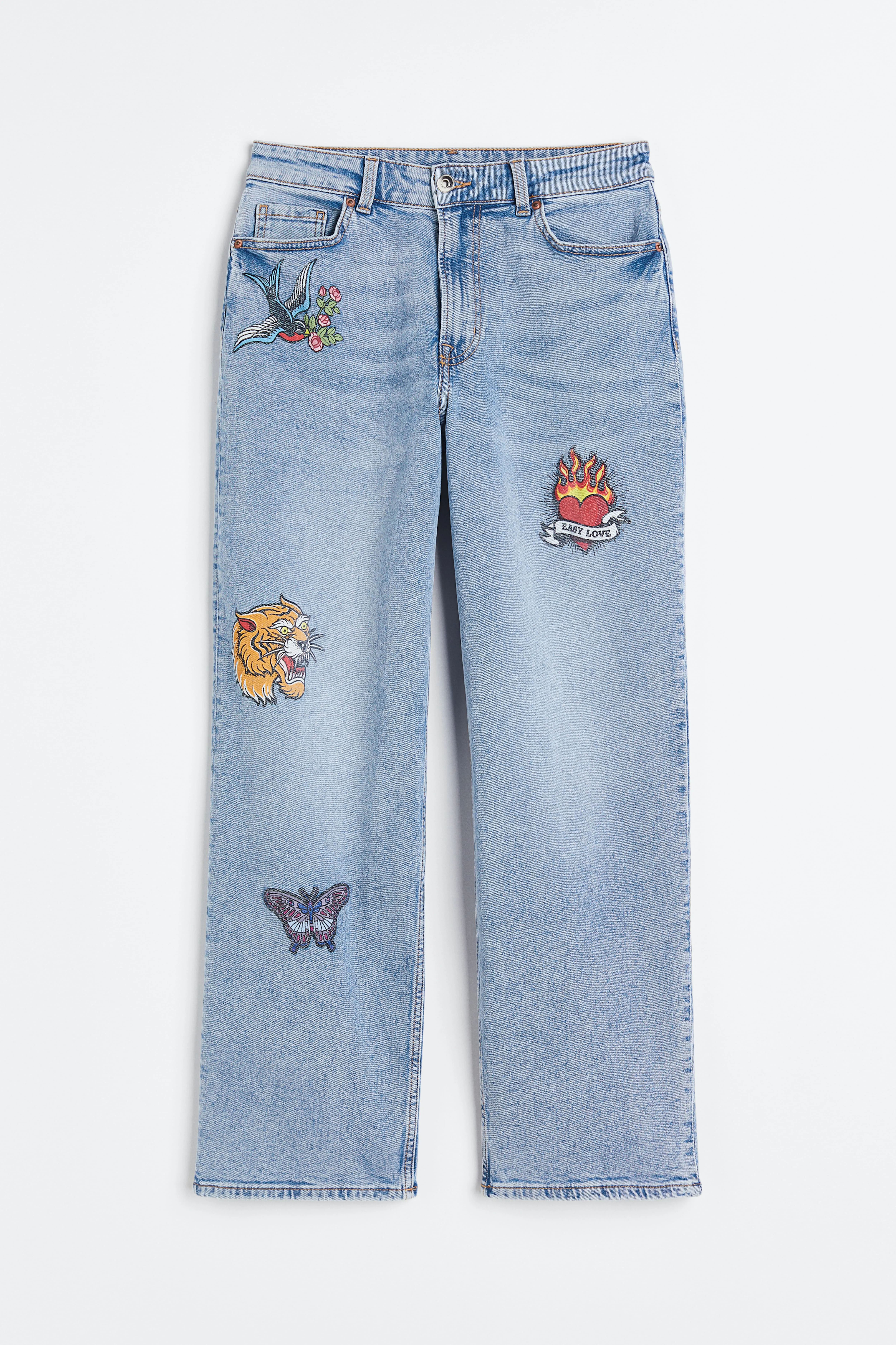 90s Mom Jeans - Regular waist - Ankle length - Light denim blue/Butterflies - Ladies | H&M GB