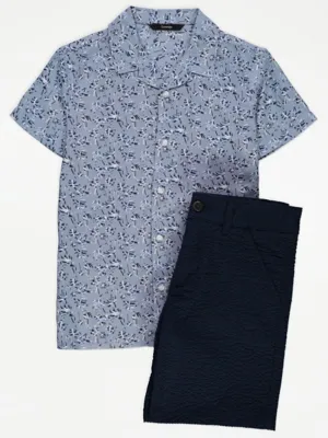 Blue Palm Short Sleeve Shirt and Shorts Outfit | Kids | George at ASDA