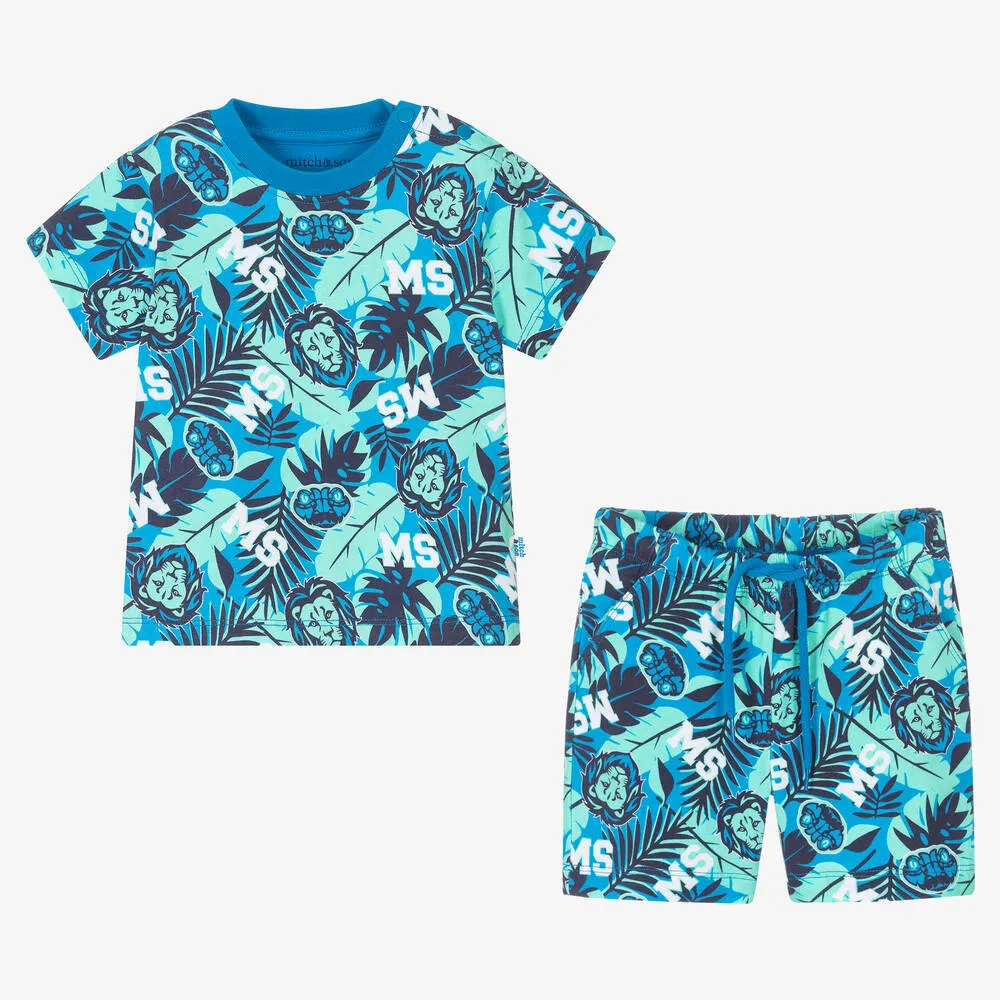 Boys Blue & Green Jungle Logo Shorts Set