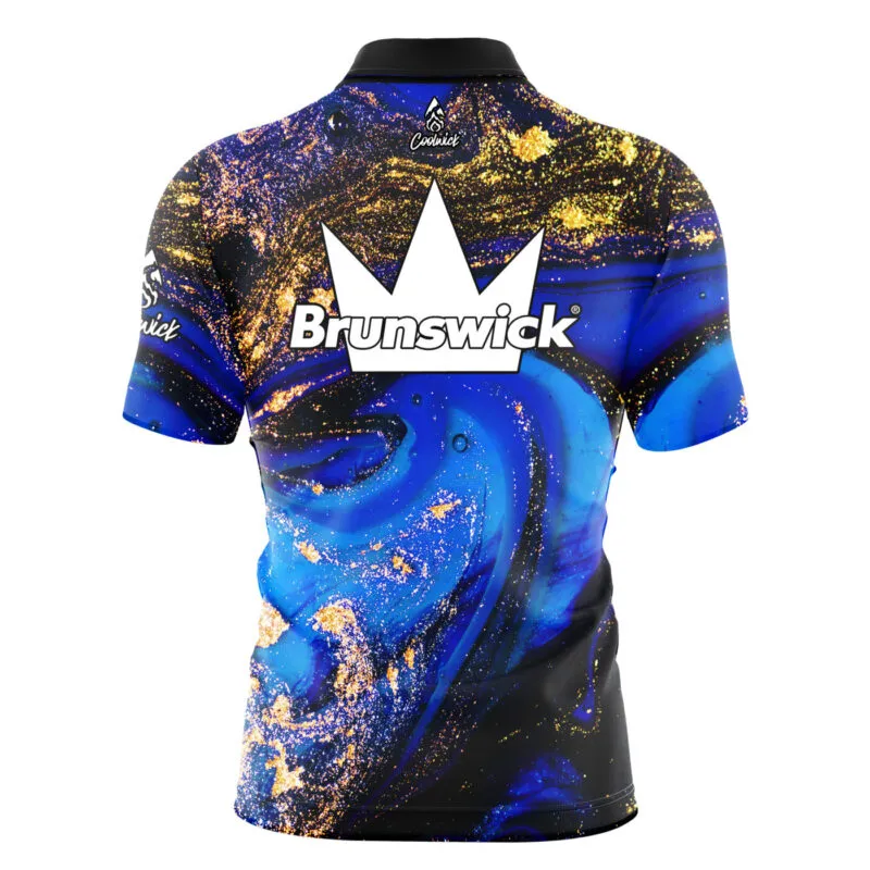 Brunswick Blue Gold Liquid Marble Quick Ship CoolWick Sash Zip Bowling Jersey