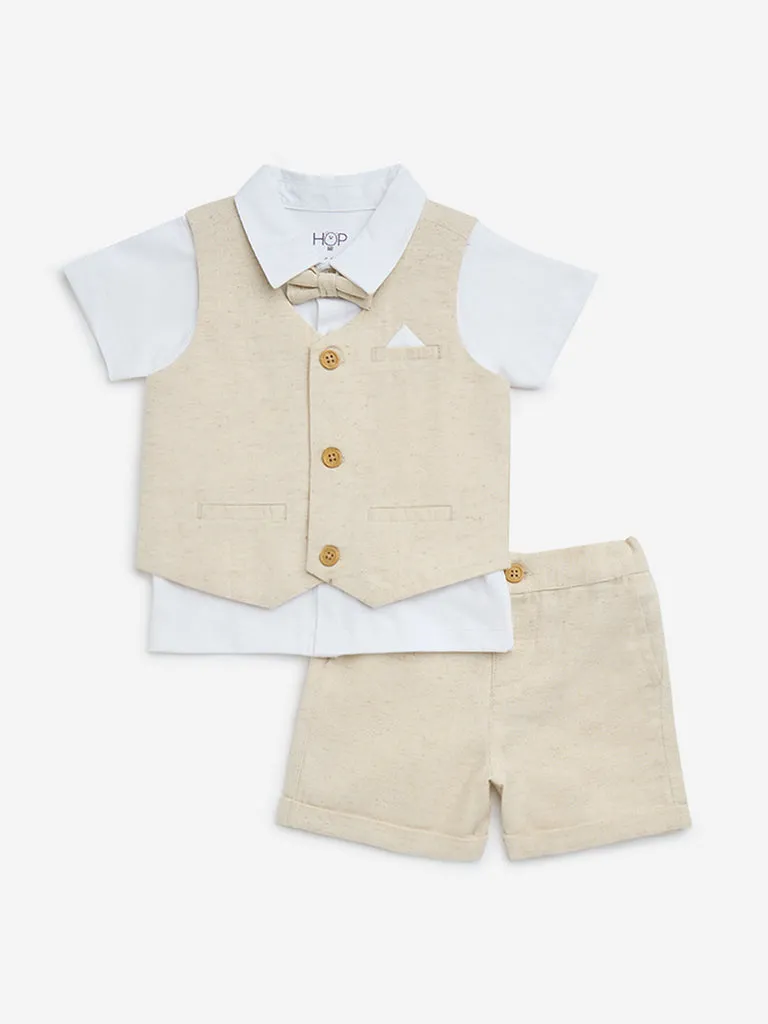 Buy HOP Baby Beige Cotton Waistcoat, Shirt, Shorts and Bow Set from Westside