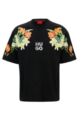 Cotton-jersey T-shirt with floral print and stacked logo