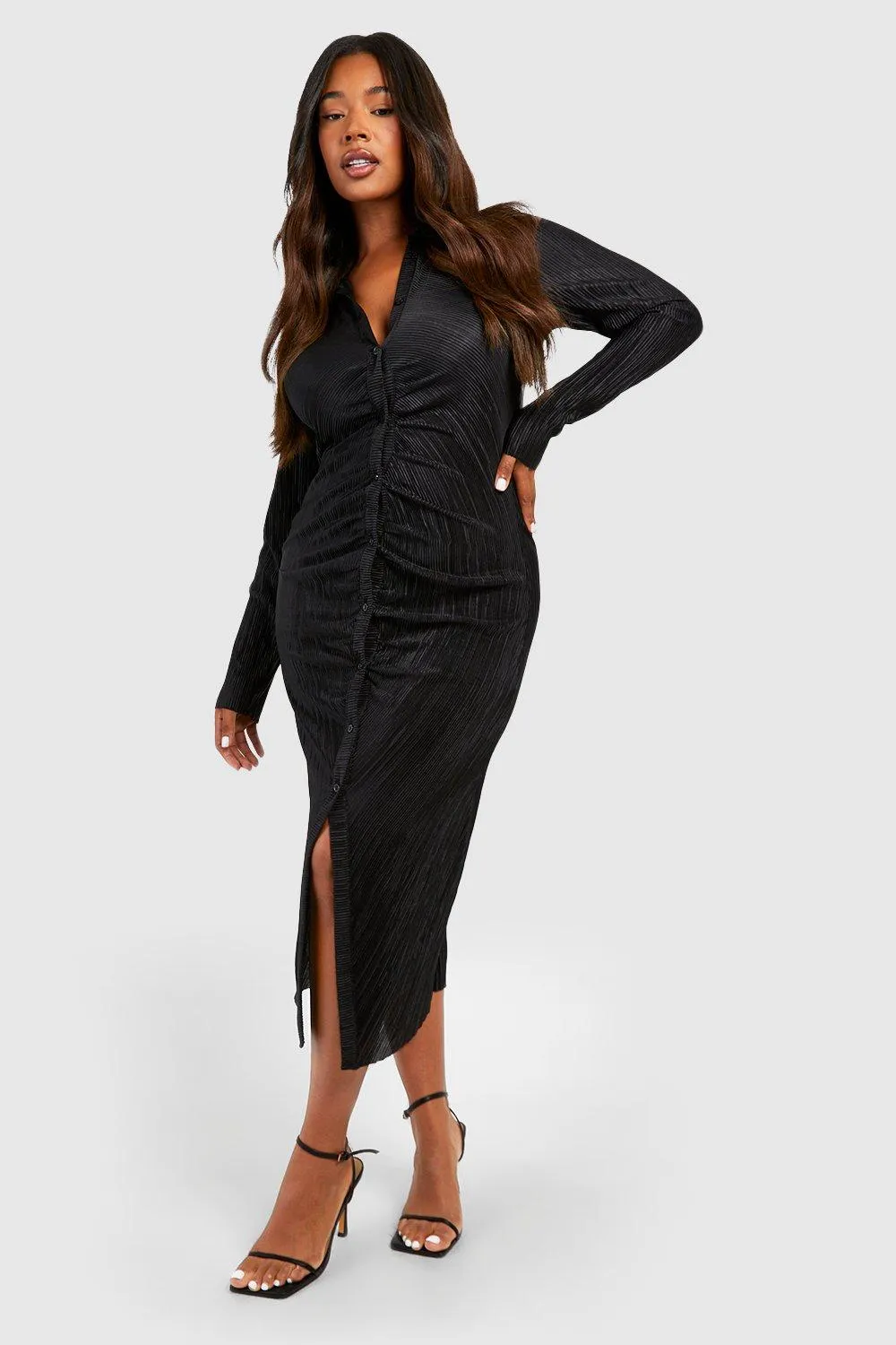 Dresses | Plus Plisse Midi Ruched Shirt Dress | boohoo