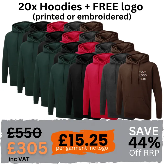 Embroidered Clothing Workwear Pack of 20 Hoodies including company/team logo (Printed or Embroidery)