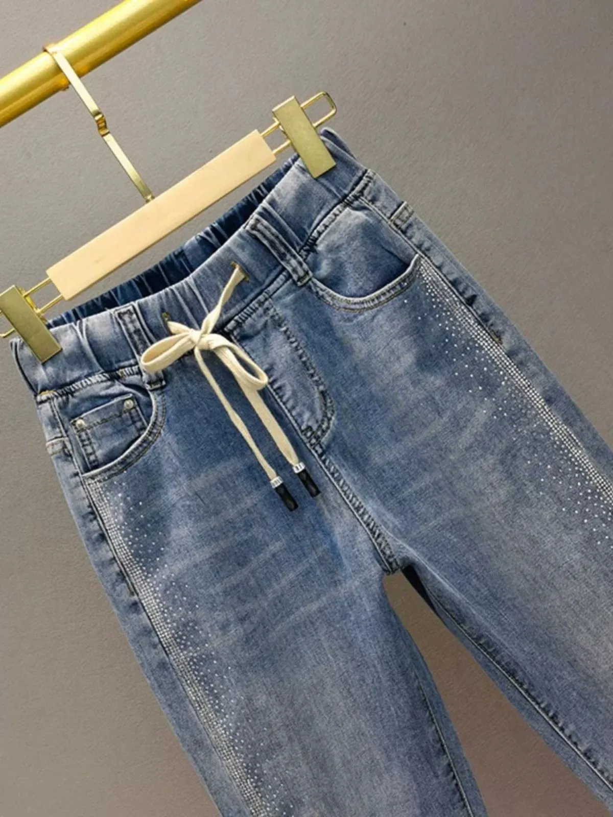 European Station Hot Diamond Nine-Point Jeans Women's 2024 Spring New Elastic High Waisted Loose Slim Dad Harem Pants