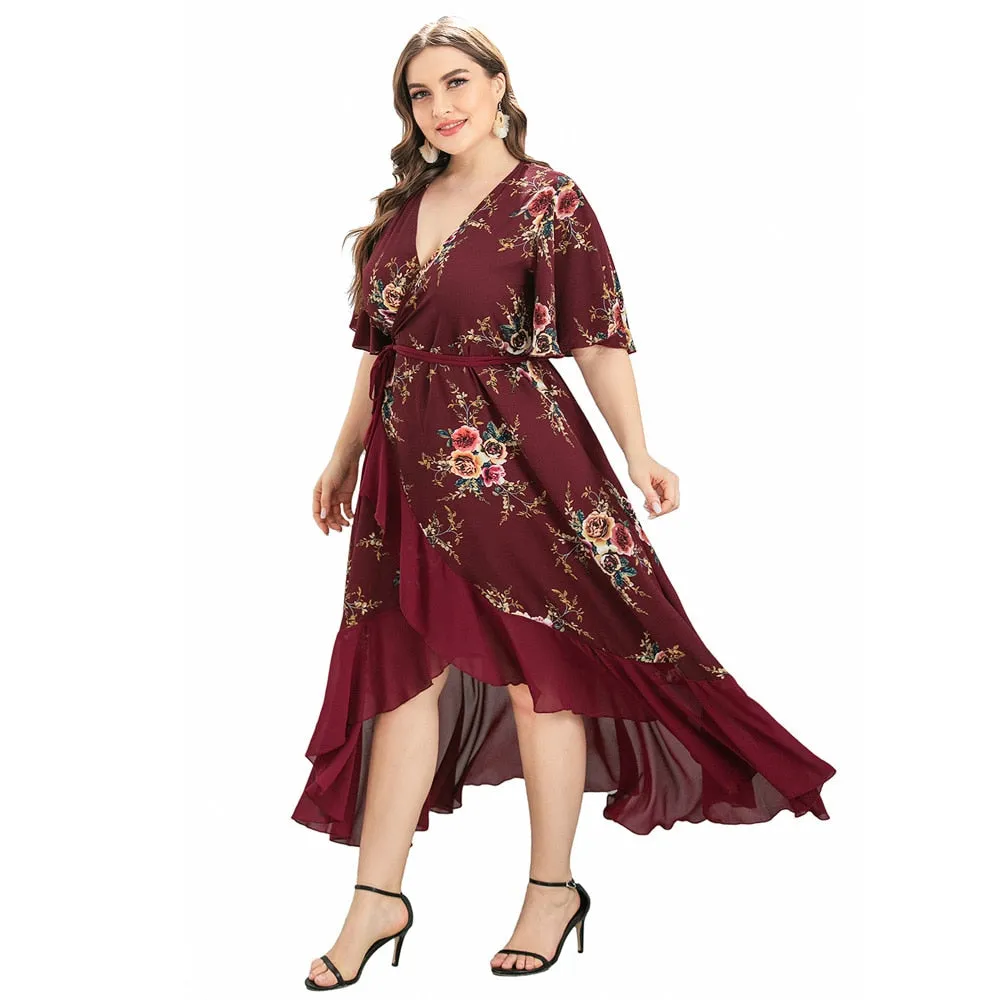 Floral Print Summer 5XL Plus Size Women Boho V Neck Ruffle Long Bohemian Party Wrap Dresses