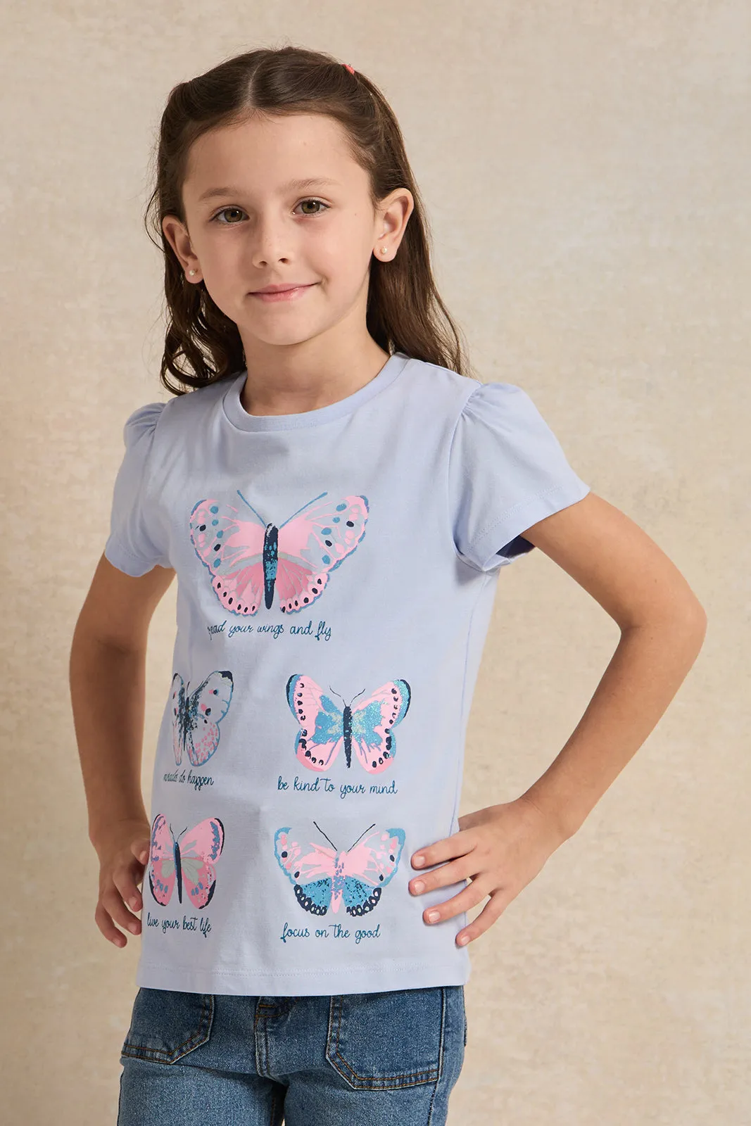 Girls Blue Butterfly Print T-Shirt