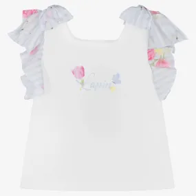 Girls White Ruffle Sleeve T-Shirt