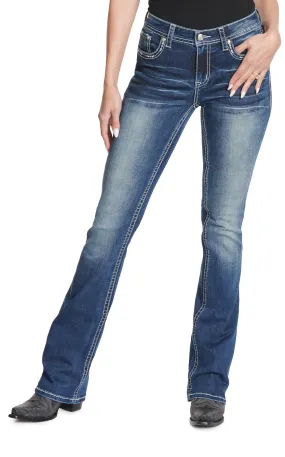 Grace in LA Women's Dark Wash Aztec & Feather Boot Cut Jeans