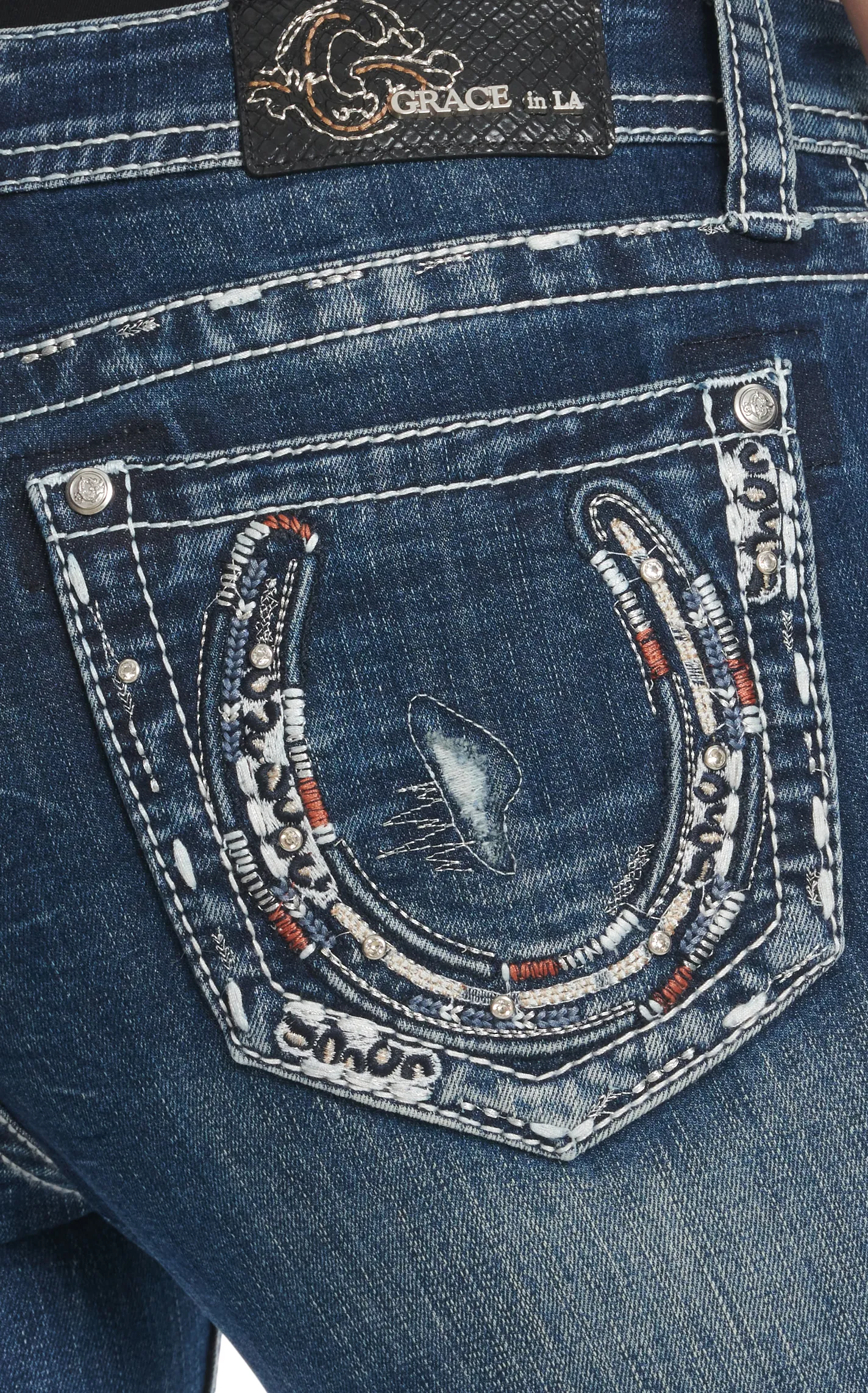 Grace in LA Women's Dark Wash Cream & Tangerine Horseshoe Embroidery Bling Jeans