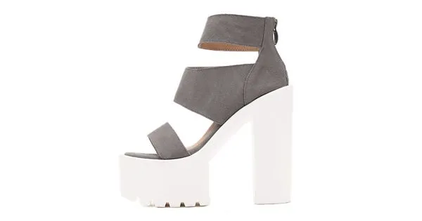 Grey Suede Straps White Block Chunky Cleated Sole High Heels Platforms Sandals Shoes