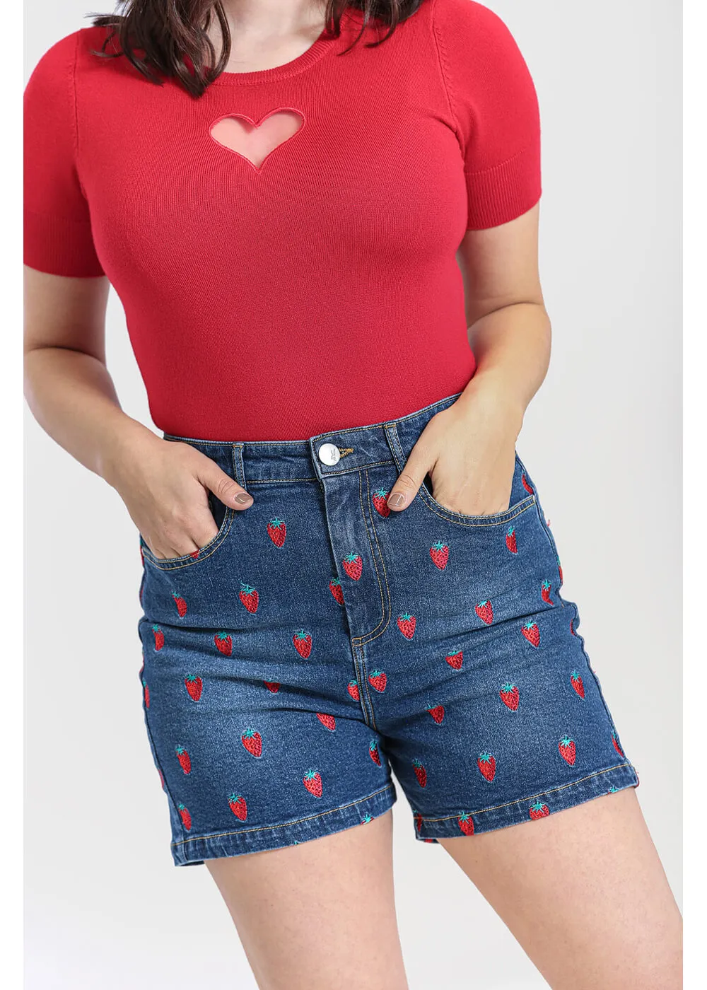 Hell Bunny Strawberry Denim 50's Shorts Navy Blue