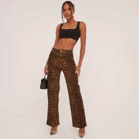 High Waist Straight Leg Jeans In Dark Brown Leopard Print Denim