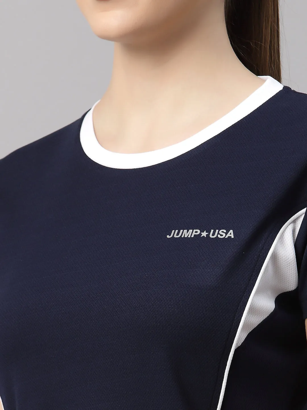 JUMP USA Women Navy Blue & White Solid Rapid-Dry T-Shirt with Shorts