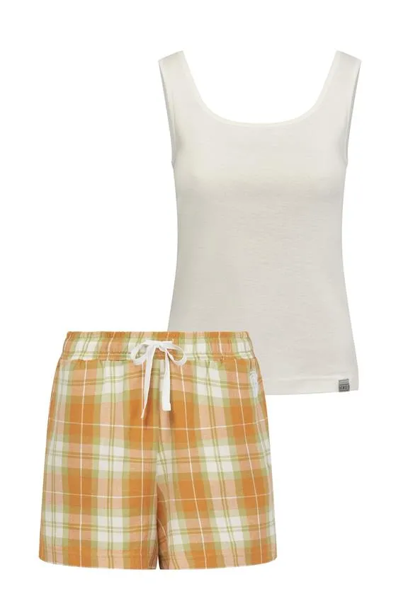 KOMODO Pyjama Shorts Set Women's Jim Jam Off White & Orange Check