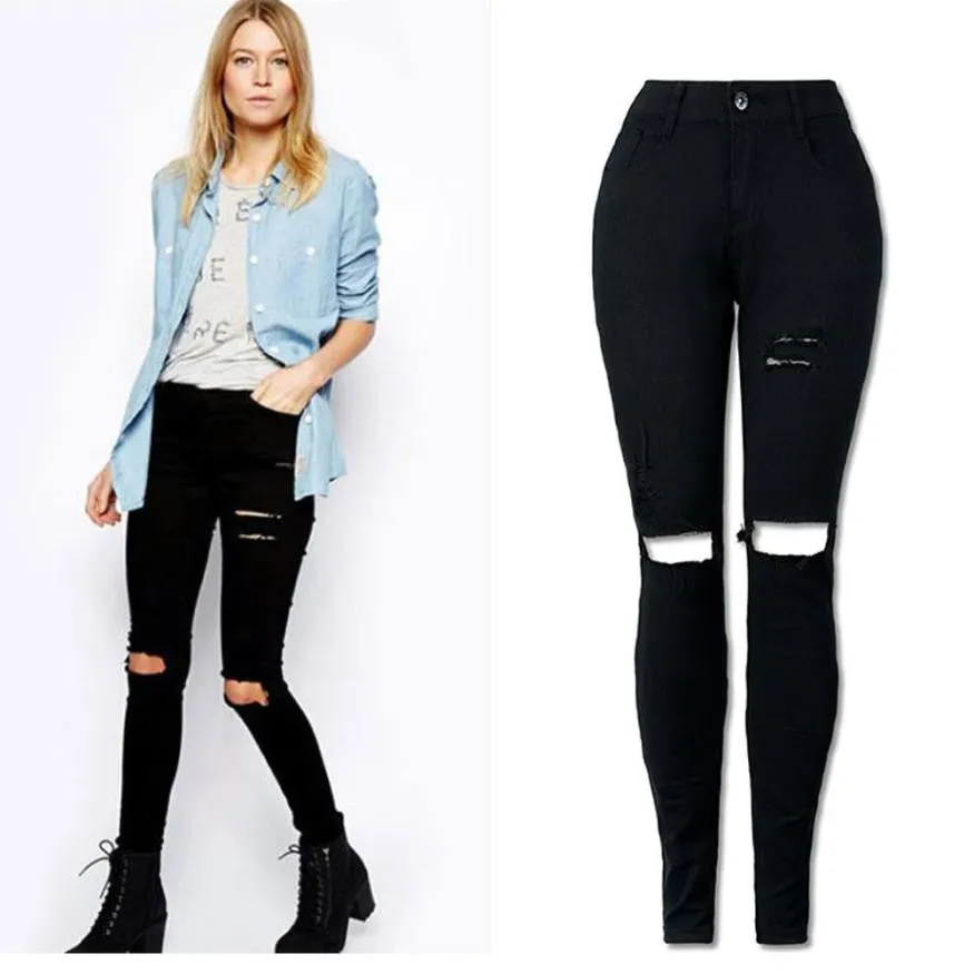 Leggings Women Fashion Cool Ripped Knee Slim Jeans Pants Black Pencil Trousers Leginsy Damskie#112 SM6