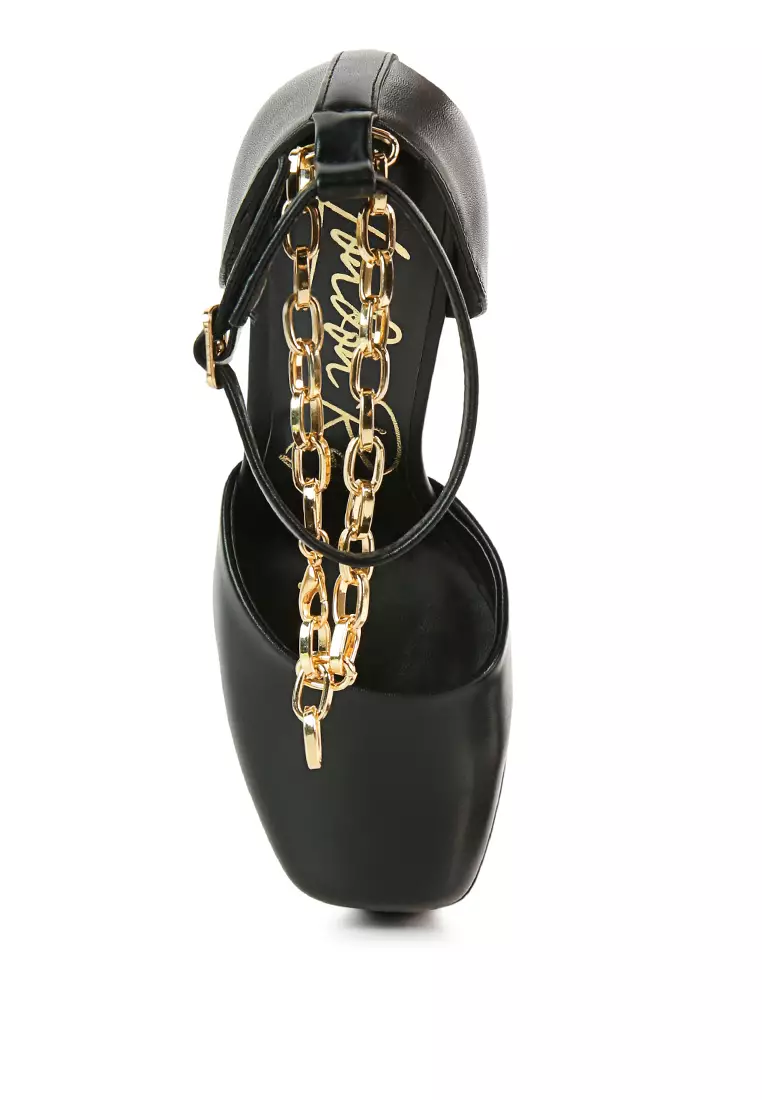 London Rag Black Faux Leather High Heeled Platform Sandals