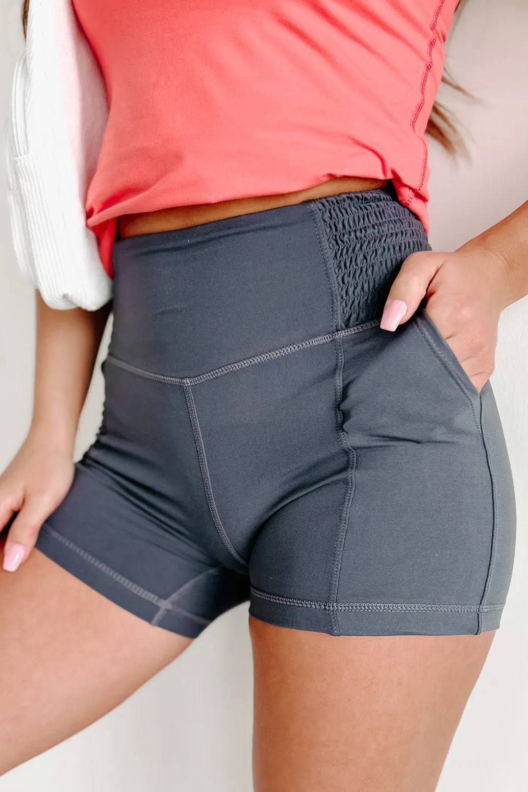 Make Yourself Comfortable Side Smocked Biker Shorts (Charcoal)