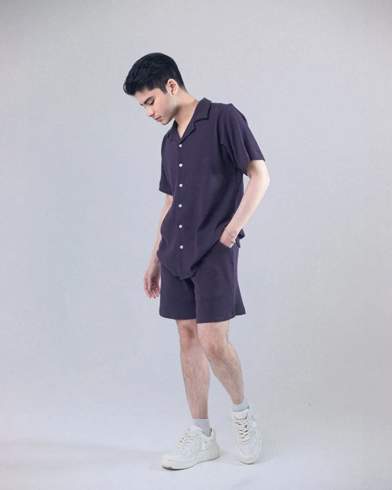 Men’s Heather Indigo Color Cuban Shirt and Shorts 2-piece Set in Waffle Pattern | Co-ord Set