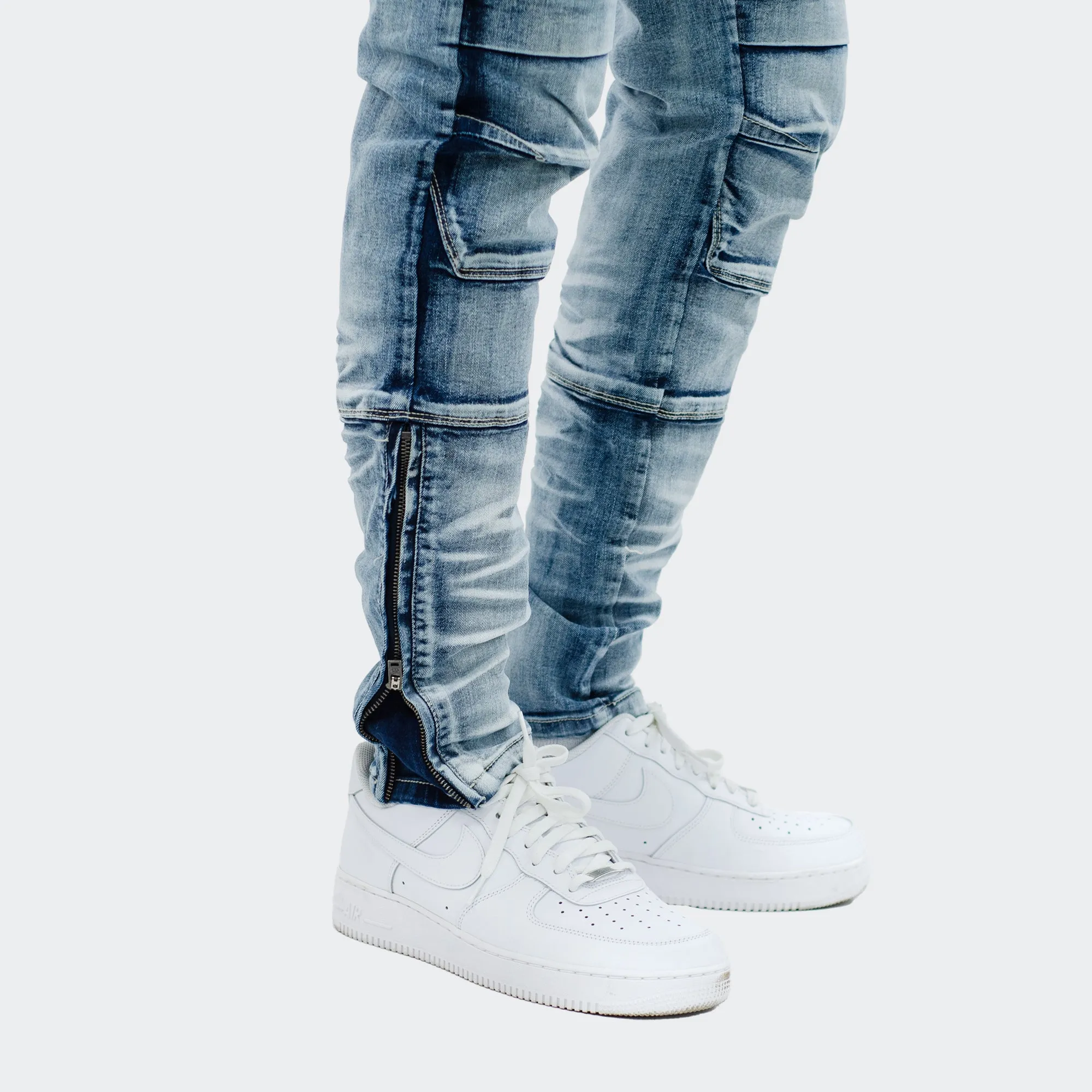 Men's TWO MILL TWENTY Ravenswood Ankle Zipper Multi Seam Skinny Moto Denim Jeans Acid Wash