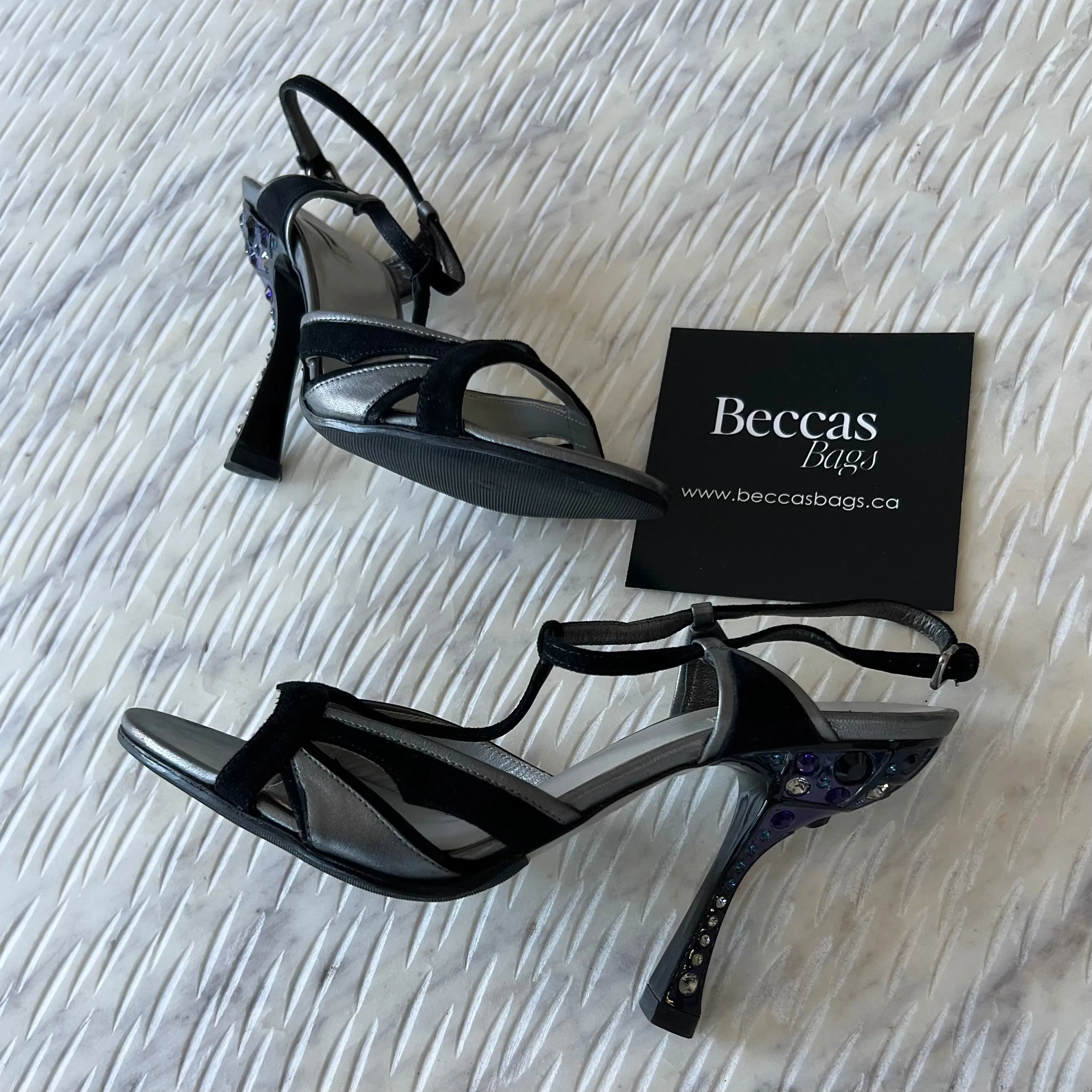 Miu Miu Black/Pewter/Purple Crystal Embellished-Leather Suede Leather Strap Sandals