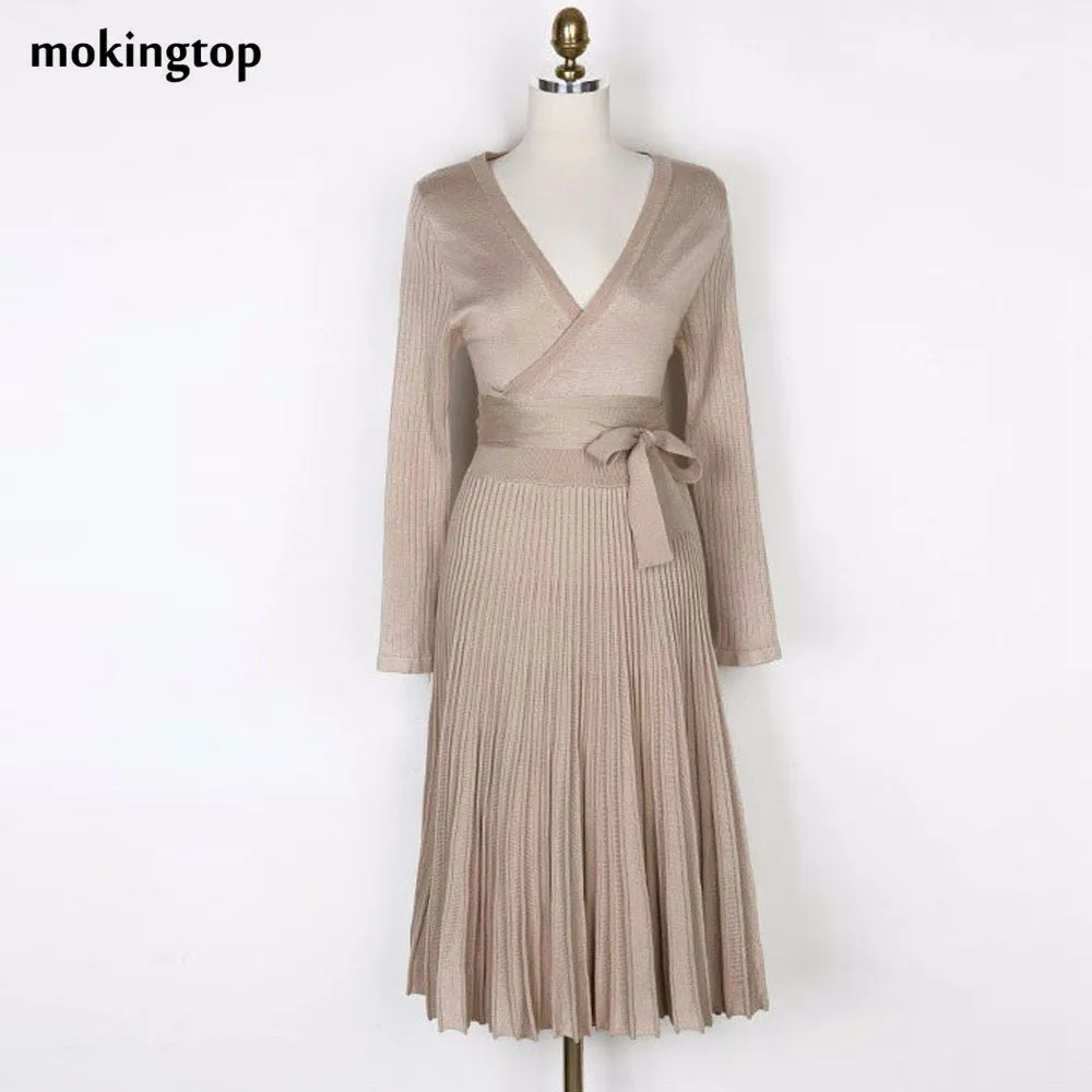 mokingtop Knitted Dress Elegant Pleated Slim Long Sleeve Sashes Women Dresses Vintage Evening Party Saia Plissada#1212 SM6
