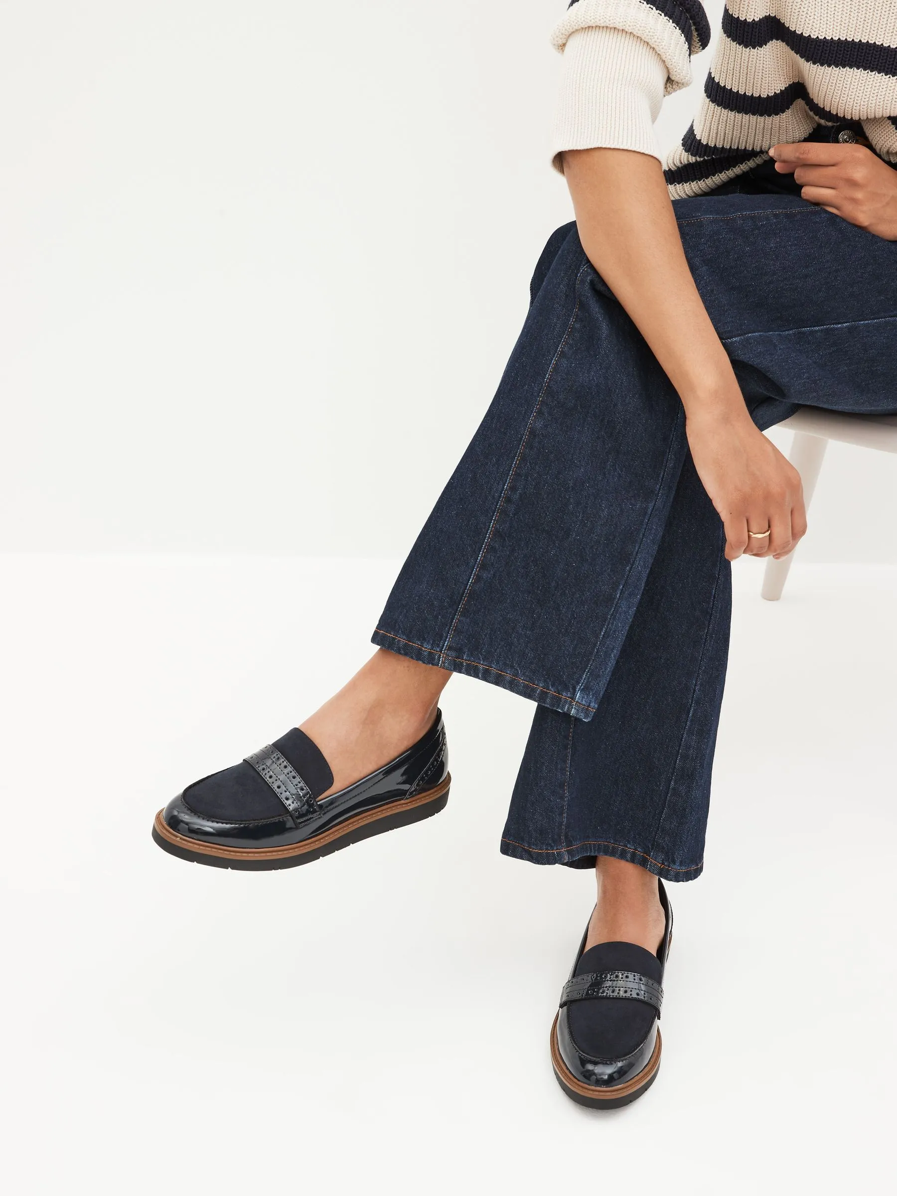 Navy Blue Forever Comfort® Brogue Detail Chunky Sole Loafers