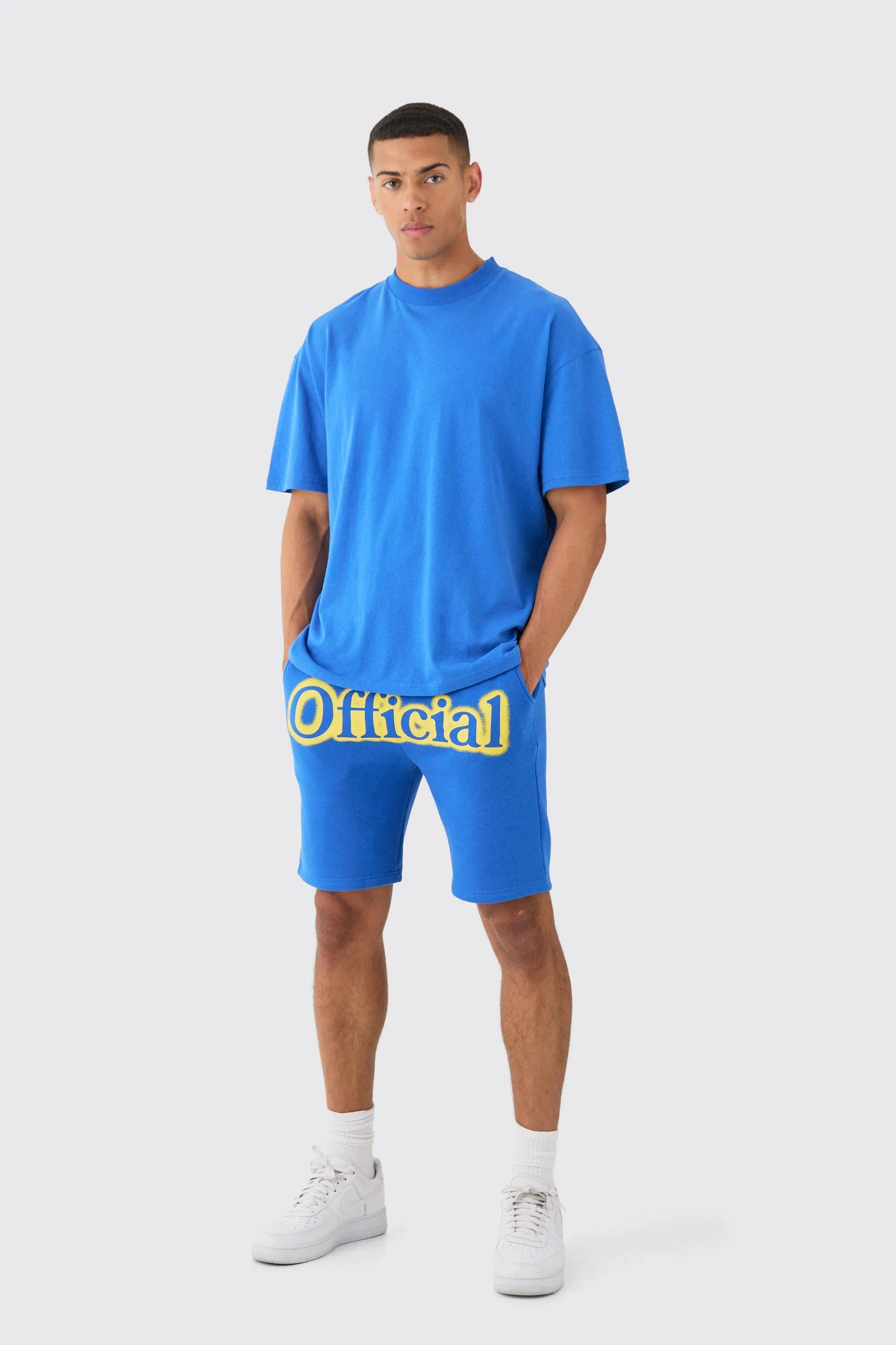 Oversized Extended Neck Official Spray Graffiti T-shirt And Shorts Set | boohooMAN UK