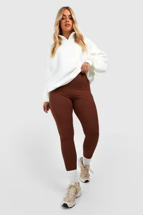 Plus Thick Ribbed Mid Rise Basic Leggings