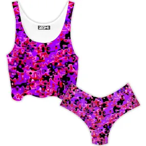 Purple Red and Black Rave Camo Melt Crop Top and Booty Shorts Combo