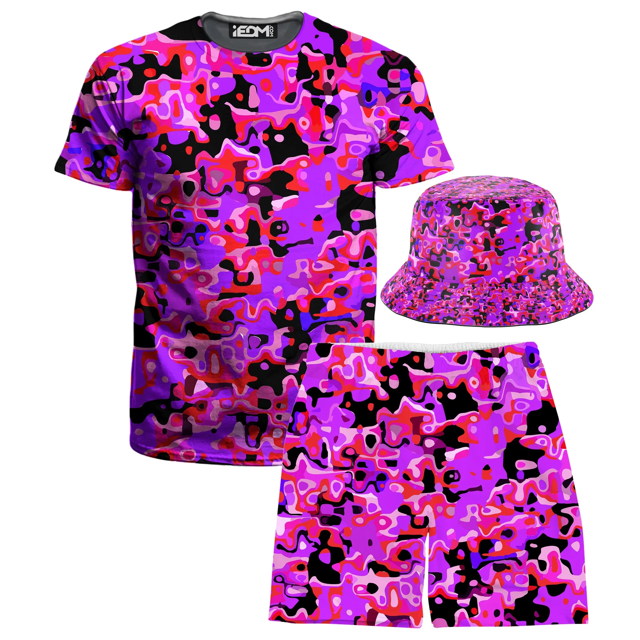 Purple Red and Black Rave Camo Melt T-Shirt and Shorts with Bucket Hat Combo