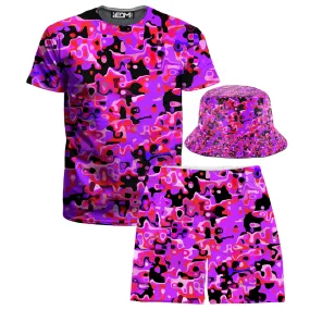 Purple Red and Black Rave Camo Melt T-Shirt and Shorts with Bucket Hat Combo