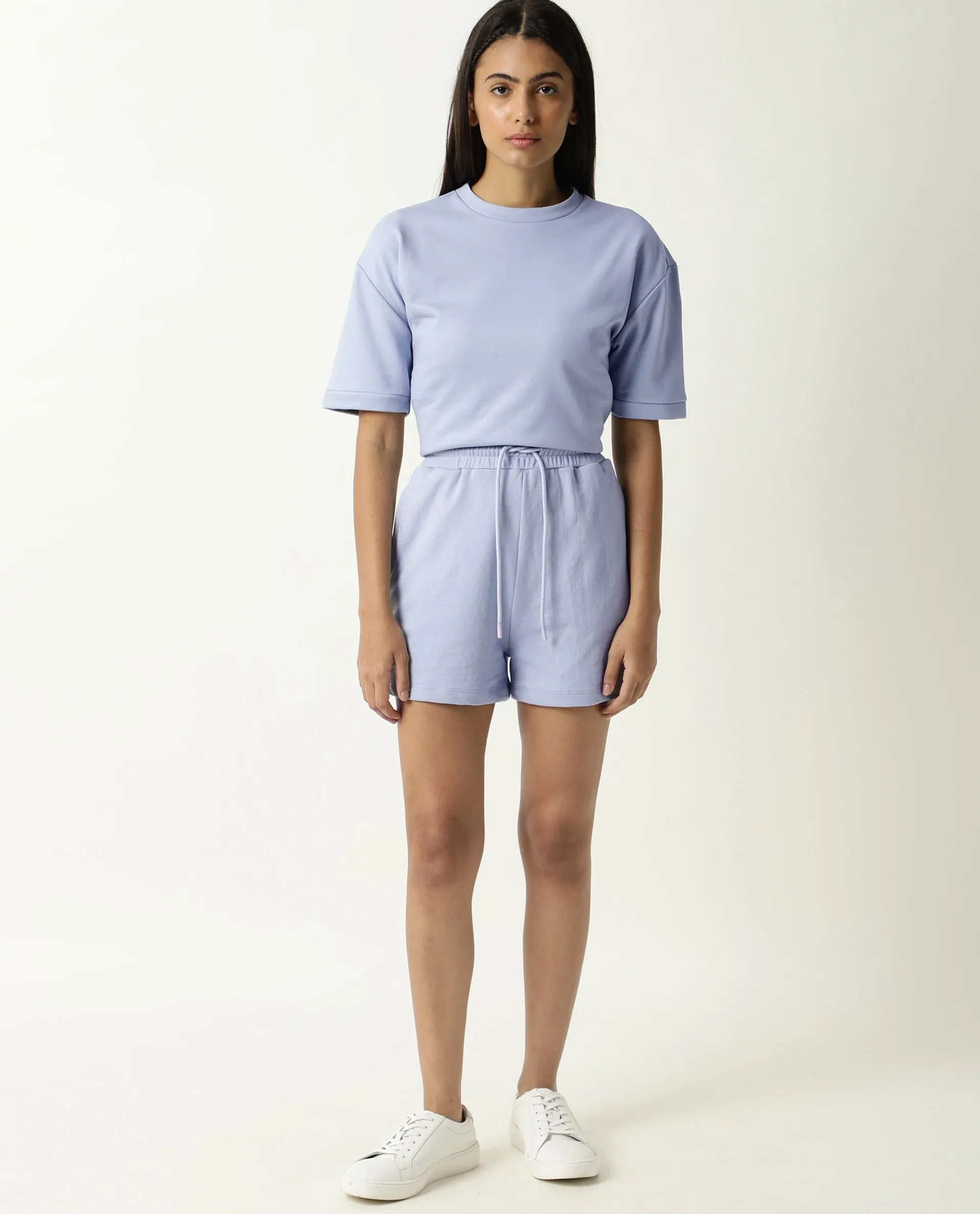 Rareism Women Ciri Light Blue Cotton Poly Fabric Relaxed Fit Solid Mid Rise Shorts