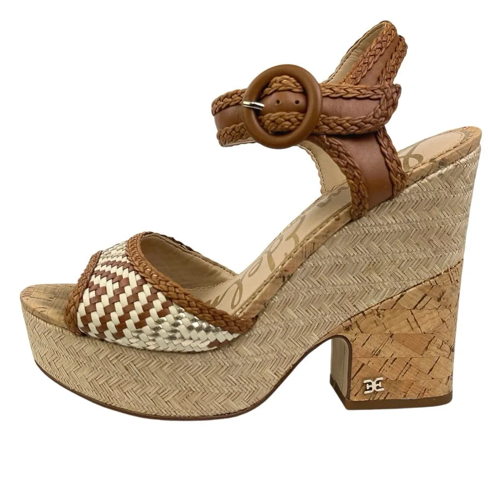 Sam Edelman Lillie Brown Woven Cork Platform Peep Toe Slingback Sandals Size 8