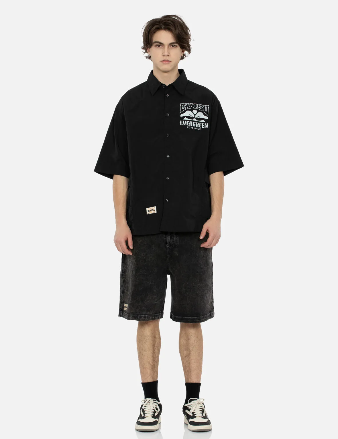 Seagull and Kamon Print Multi-Pocket Relax Fit Denim Shorts