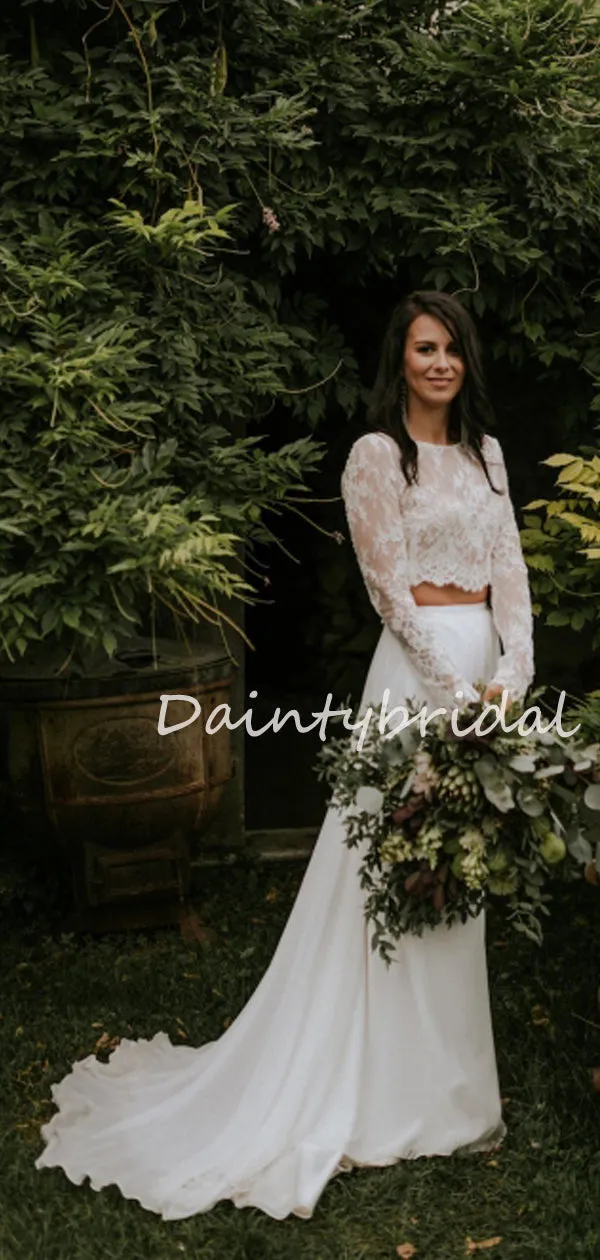 Simple Sexy Mermaid Lace Chiffon See-through Two-piece Evening Party Long Wedding Dresses, DB10694