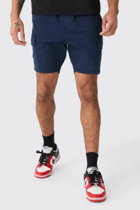 Skinny Fit Elasticated Waist Cargo Shorts in Navy | boohooMAN UK