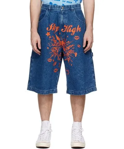 Sky High Farm Workwear Blue Mindblown Print Denim Shorts
