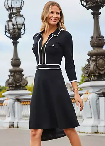 Sosandar Black & White Contrast Trim Zip Front Fit & Flare Jersey Dress | Kaleidoscope