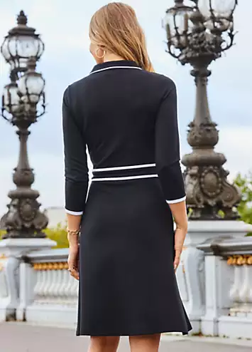 Sosandar Black & White Contrast Trim Zip Front Fit & Flare Jersey Dress | Kaleidoscope