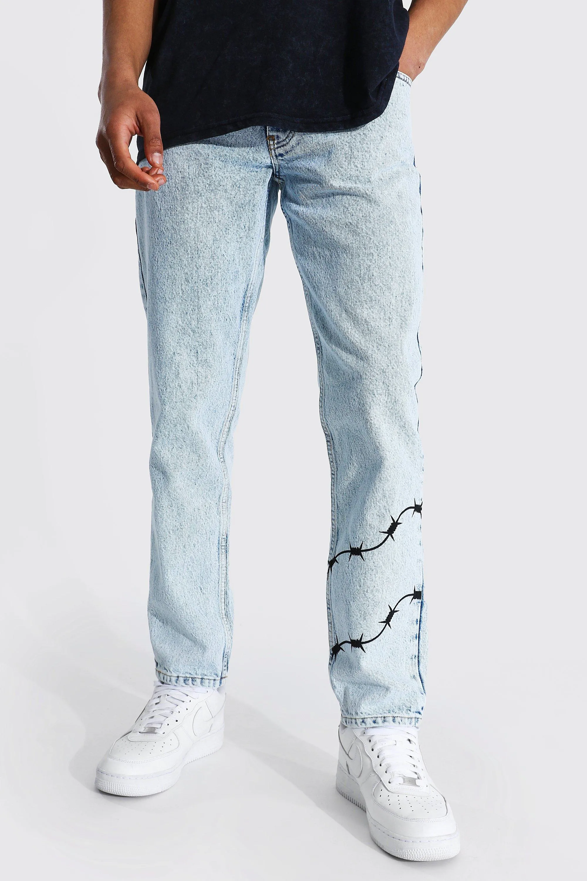 Straight Leg Rigid Barbed Wire Print Jeans | boohooMAN UK