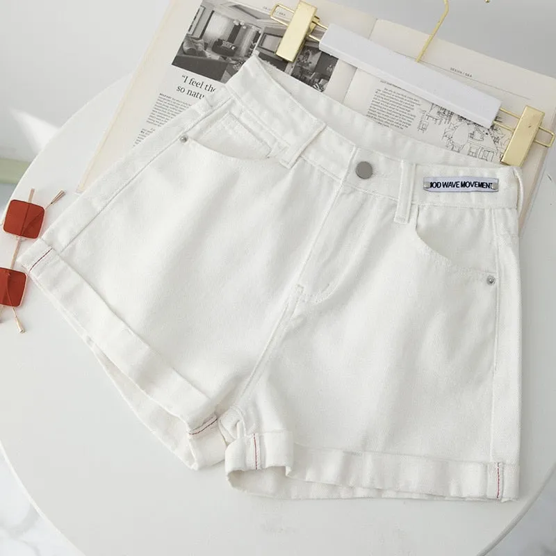 Summer Women Denim Candy Color Sweet Simple Fashion Korean Version Flanging Wide Leg Jeans Shorts