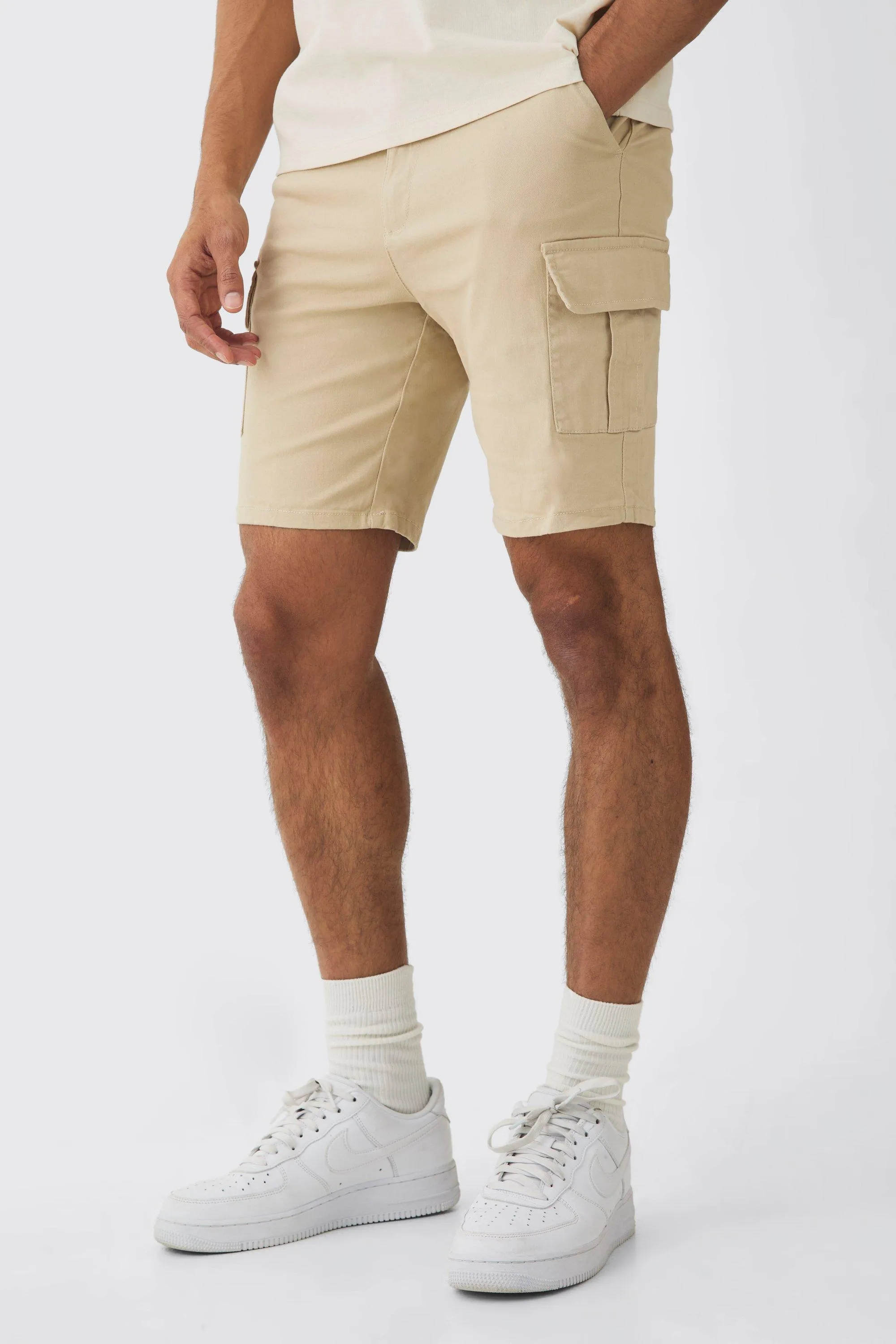 Tall Fixed Waist Stone Skinny Fit Cargo Shorts | boohooMAN UK