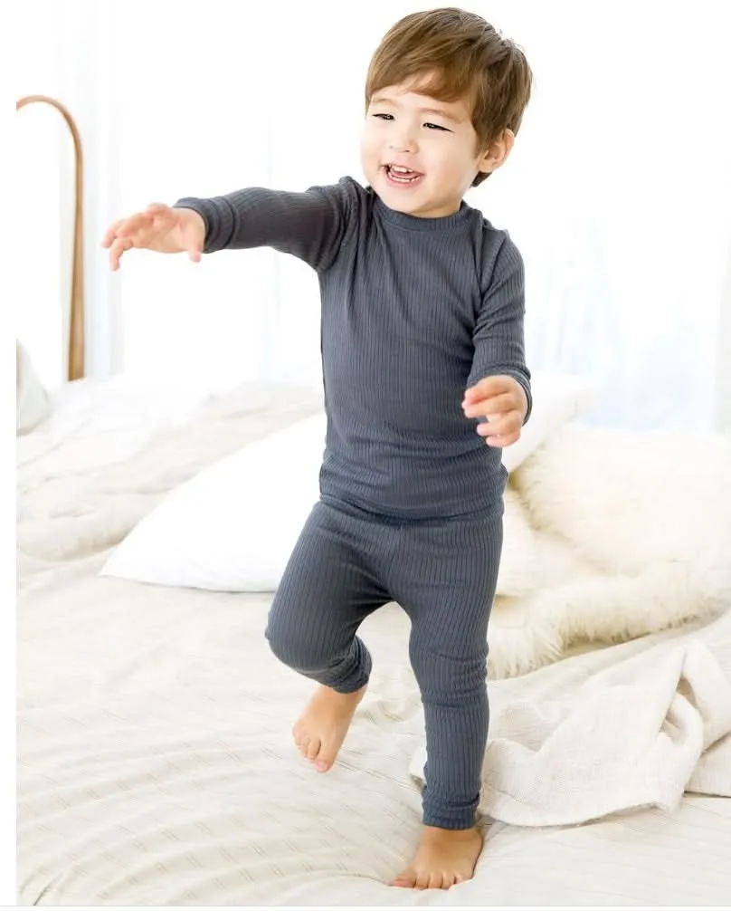 Toddler Kids Ribbed Mockneck Long Sleeve Top and Leggings 2 Piece Set  - Charcoal