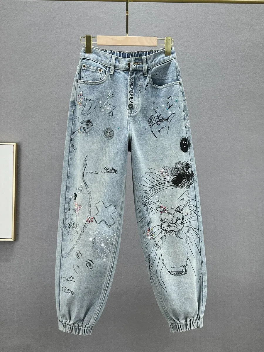Women's Trendy Harem Jeans 2024 New Spring High Waisted Loose Slimming European Printed Hot Diamond Dad Pants