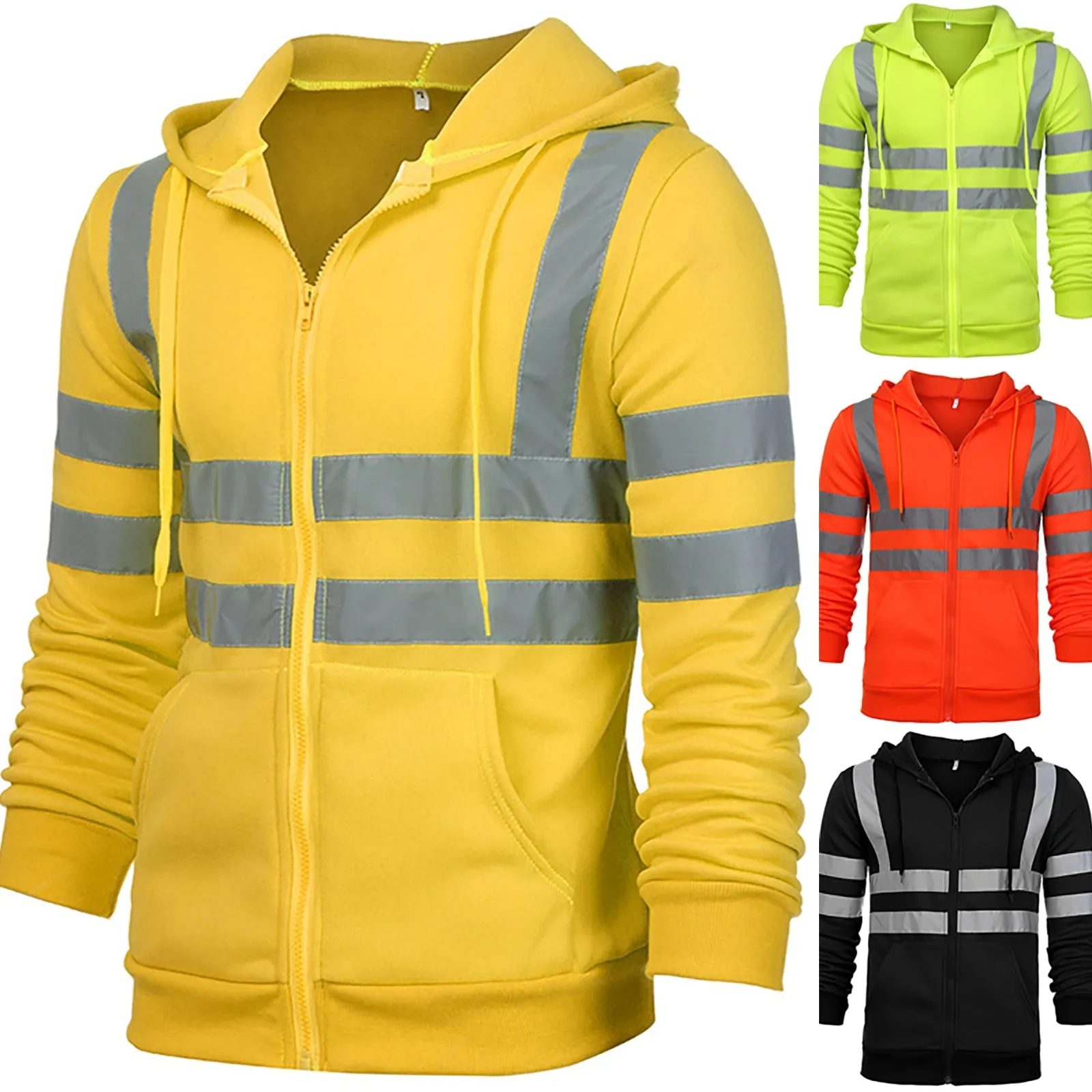 Xituodai Men Stripe Patchwork Hooded  Jacket Ski Hoodies Reflective Visibility Workwear Coat Color Block Work Wear