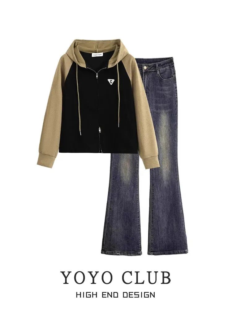 YOYO CLUB retro contrasting raglan long-sleeved hooded sweatshirt micro-boot jeans autumn new women's suit